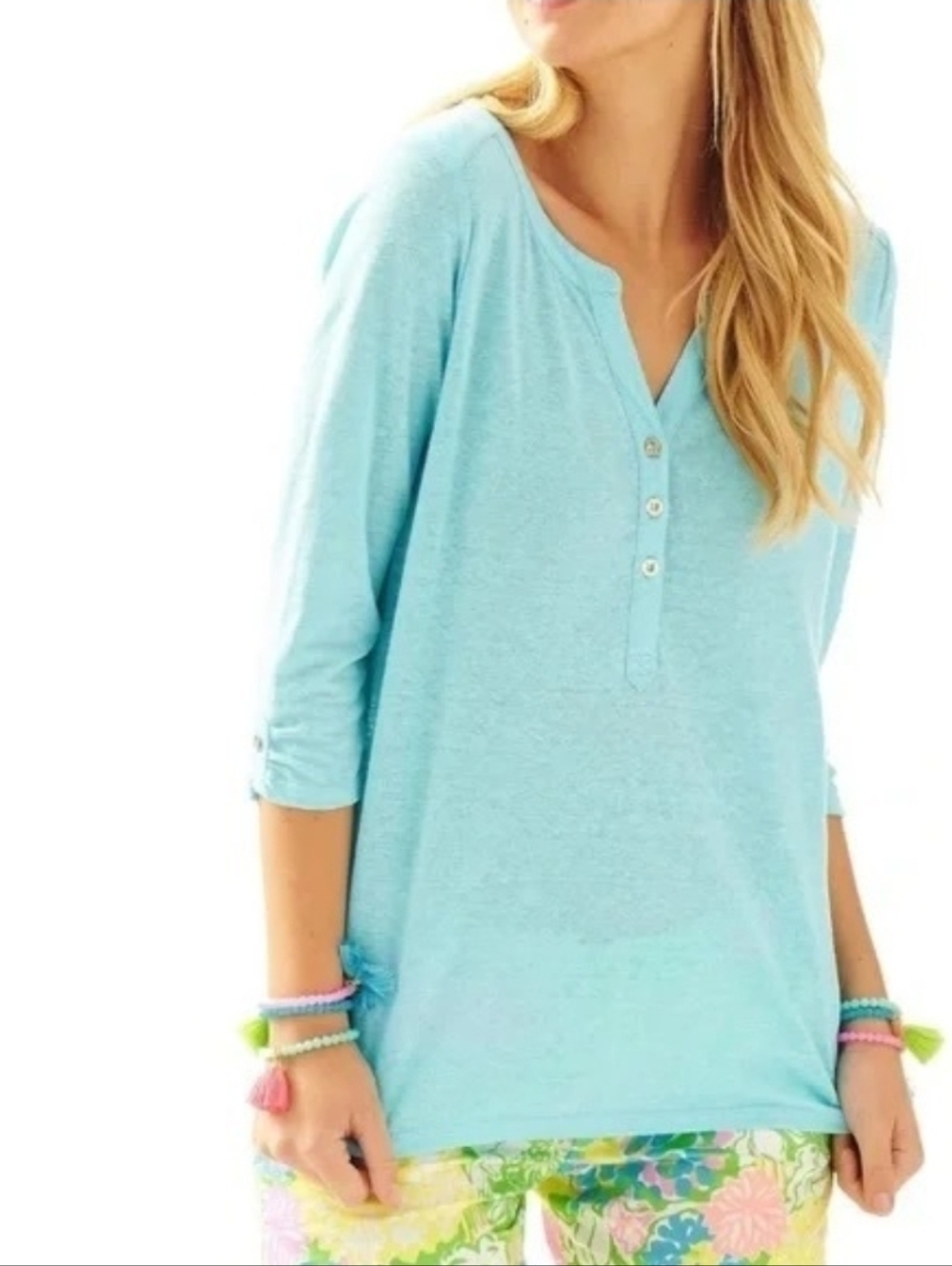 Lilly Pultzer SzS 100% Linen Quarter Length Sleeve Mindy Top
